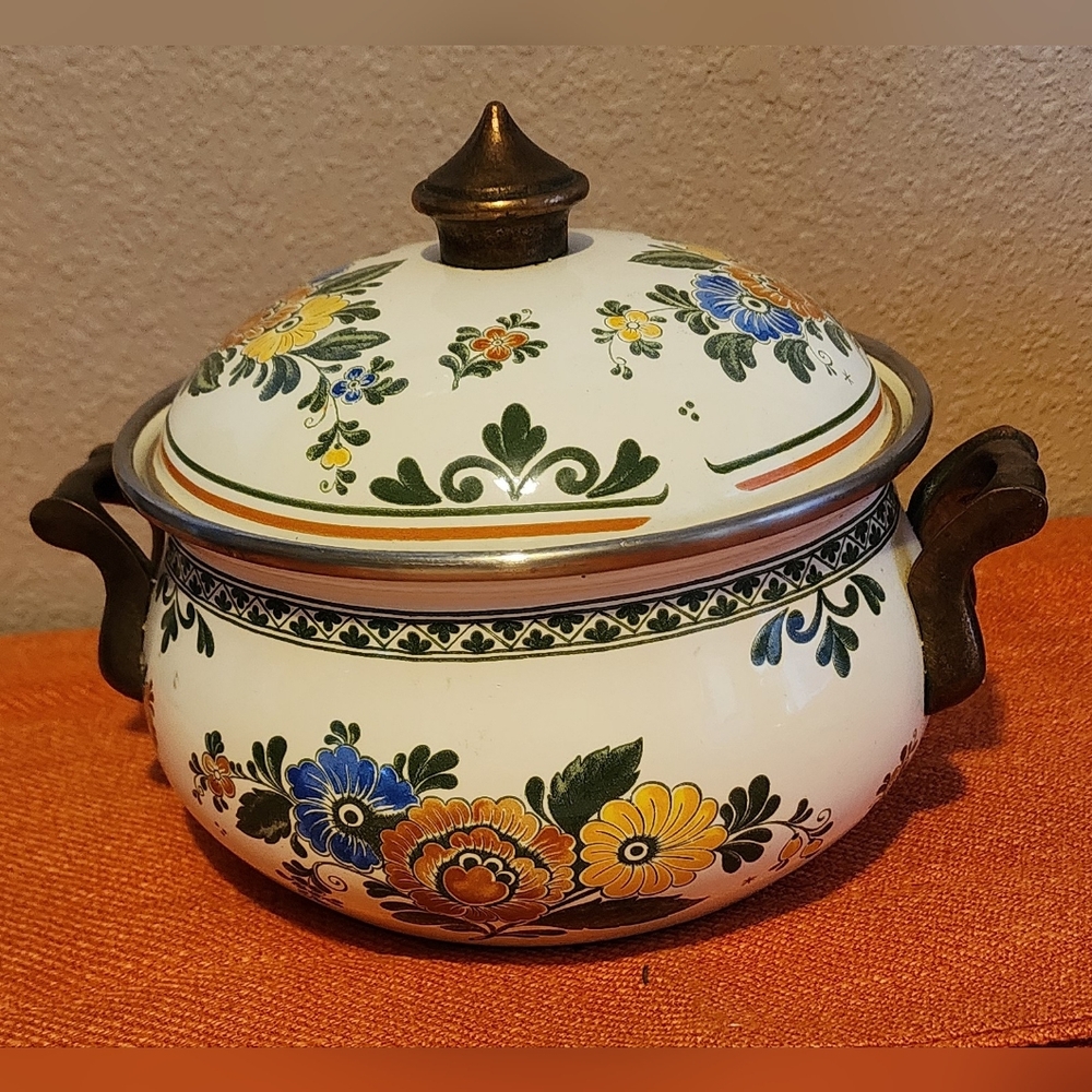 Vintage Germany ASTA 1851 Floral Metal Enamel Lid  HANDLES BENIFITS CHARITY